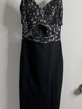 privy Black Lace-Overlay Strapless Midi Dress with Front Cutout